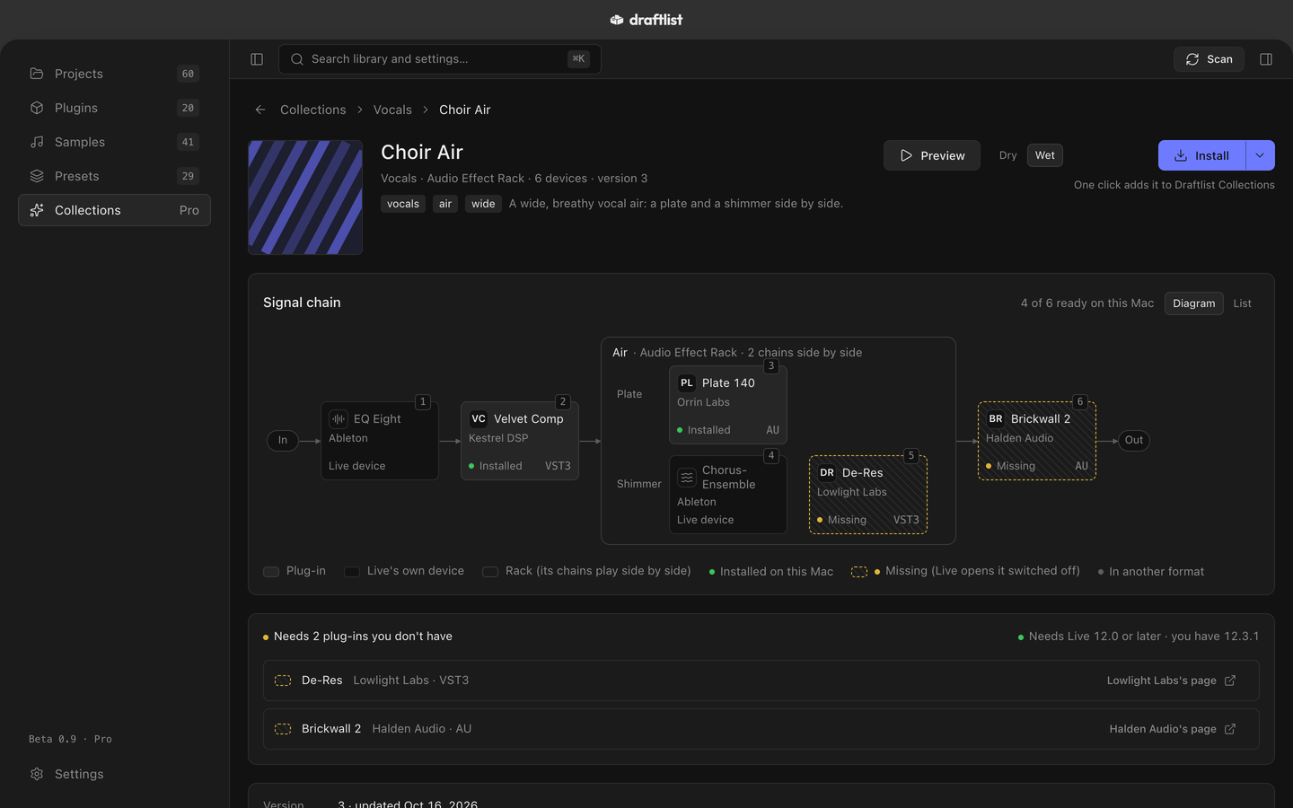 A chain open: its signal chain, device by device, and which plugins are already on this Mac.