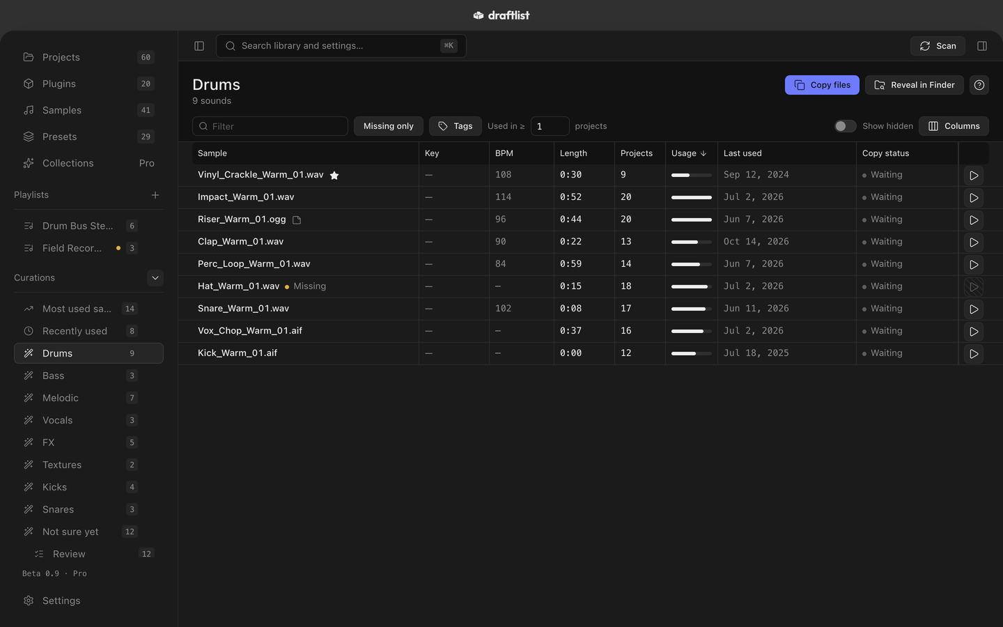 Curations in the sidebar, with a family open: the demo library's sounds filed under one family, ranked by use.