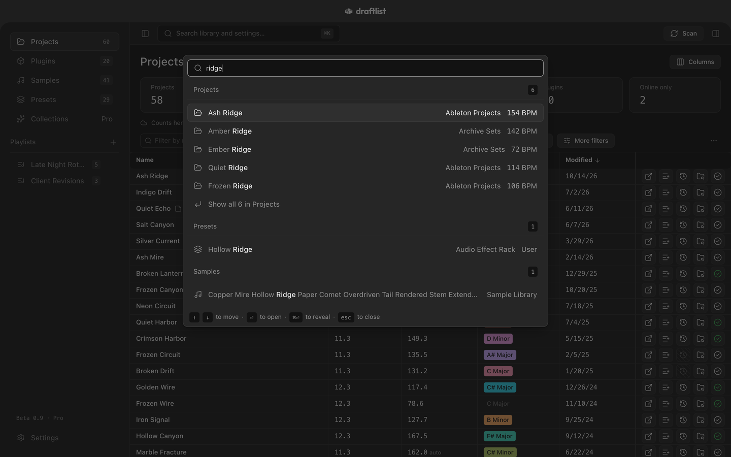 Draftlist's search open over the Projects list, with matching projects, samples and plugins grouped under the search box.