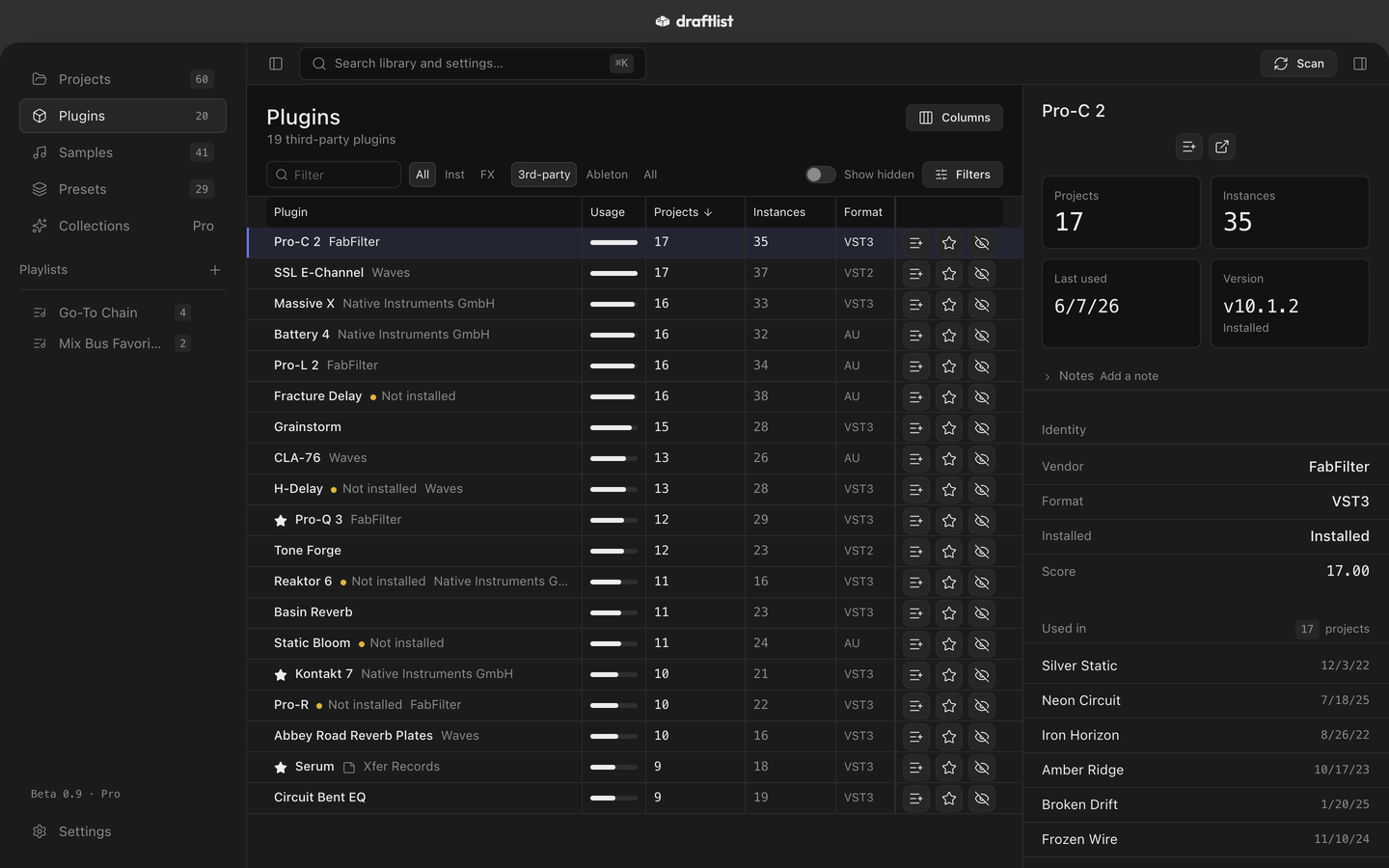 The Plugins list with the demo library: each plugin with a usage bar, the projects and instances that use it, and its format.