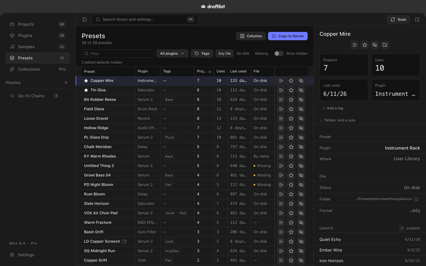 The Presets list with the demo library: each preset with its plugin, tags and the projects that use it.