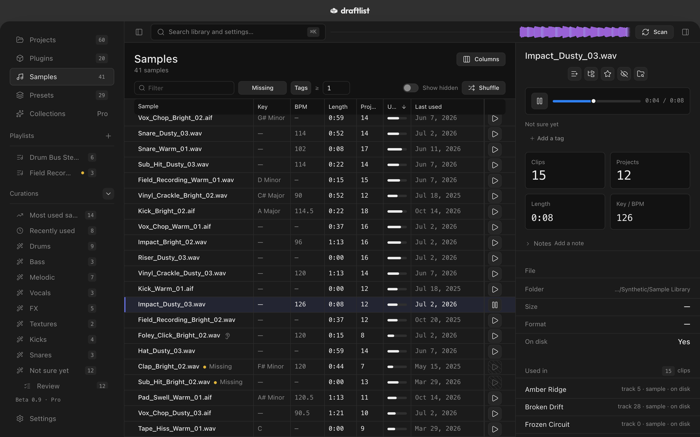 A sample playing: the row is highlighted, the player shows its place in the sample, and the strip in the top bar moves with the sound.