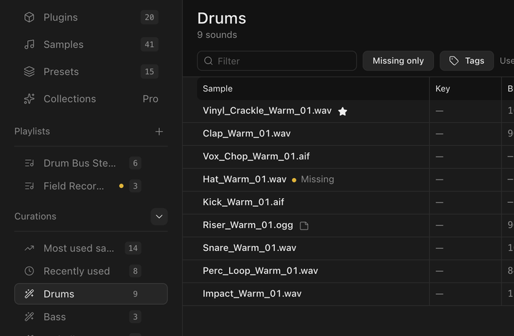 The Drums curation: 9 sounds, with Bass, Melodic, Vocals, FX and more in the sidebar.